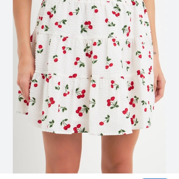 English Factory sz M Cherry Print voluminous Mini Skirt Smocked Tiered - Picture 1 of 9
